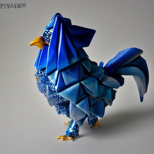 Prompt: beautiful, glorious crystallized porcelain origami chicken emperor, blue and silver colors, intricate details, realistic, reflective 3 d rtx hd