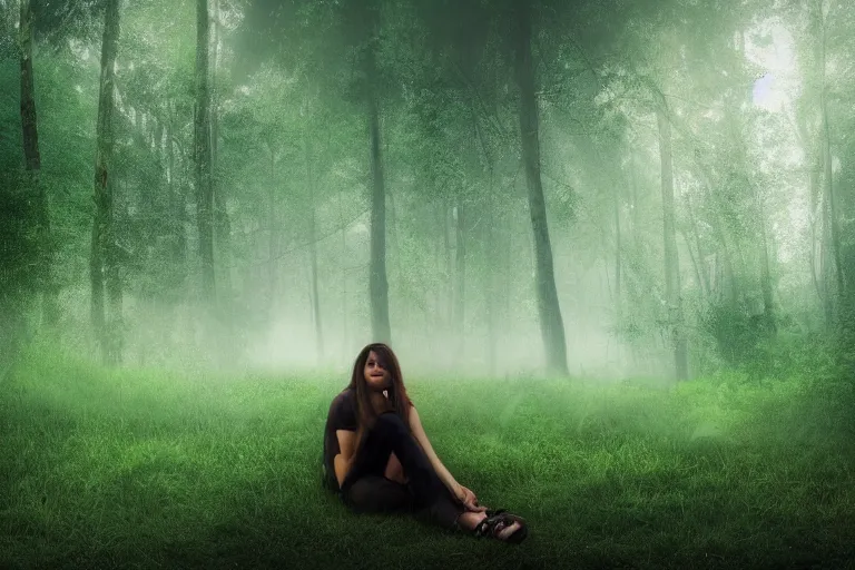 Prompt: a beautiful girl sitting in the forest, clouds, green lighting, misty, foggy, early morning, digital art,