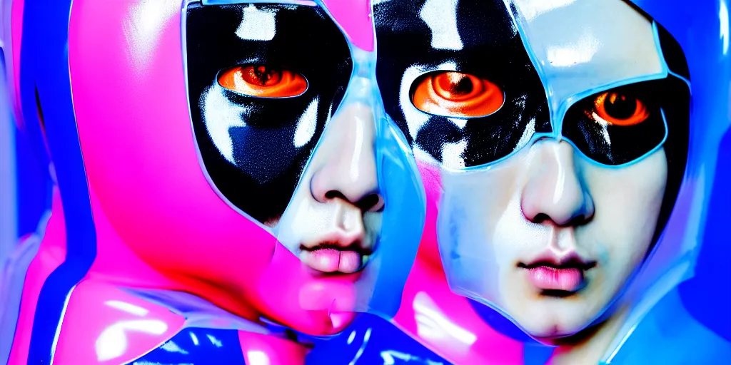 Prompt: a close - up risograph of cyberpunk japanese model men with black eyes and pretty face wearing latex catsuit and lots of transparent and cellophane accessories, blue hour, twilight, cool, portrait, kodachrome, iso 1 2 0 0, painting by mayumi hosokura