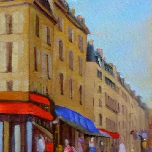 Prompt: old paris streetscape, oil painting, soft focus.