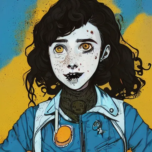 Image similar to Highly detailed portrait of a punk zombie young lady with freckles and brown curly hair hair by Atey Ghailan, by Loish, by Bryan Lee O'Malley, by Cliff Chiang, was inspired by image comics, inspired by scott pilgrim, inspired by graphic novel cover art !!!electric blue, brown, black, yellow and white color scheme ((grafitti tag brick wall background))