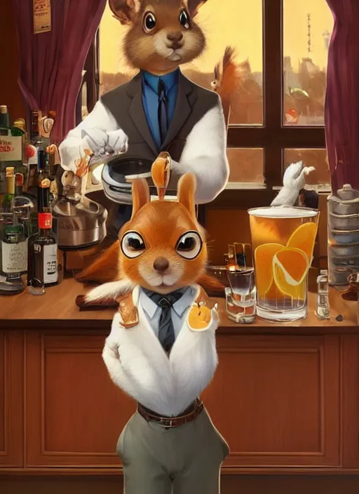 Prompt: squirrel anthro as a dapper bartender with a big, fluffy tail, retro futurism, art deco, detailed, painterly digital art by WLOP and Cory Loftis and Norman Rockwell, 🐿🍸🍋, furaffinity, trending on artstation