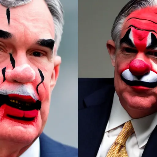 Image similar to Jerome Powell with clown makeup whiteface, talking with other clowns, full body, photo realistic, highly-detailed