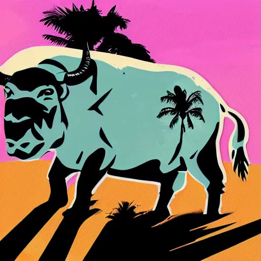 Image similar to bull headed human in the style of gta v artwork, digital art, tropical sunset