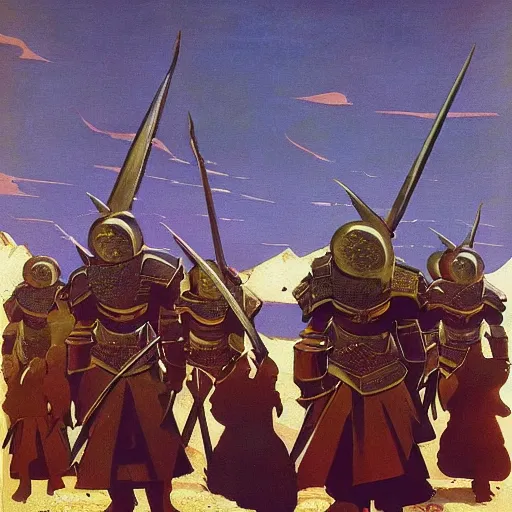 Prompt: a painting of shining metal medieval armors soldiers by bruce pennington nicholas roerich, by frank frazetta, by amazon, by georgia o keeffe, reflective metallic