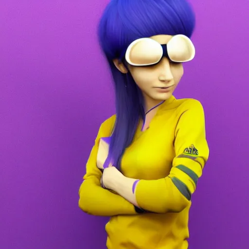 Image similar to girl in yellow headphones with purple hair, concept art, character, artstation, render 3D,