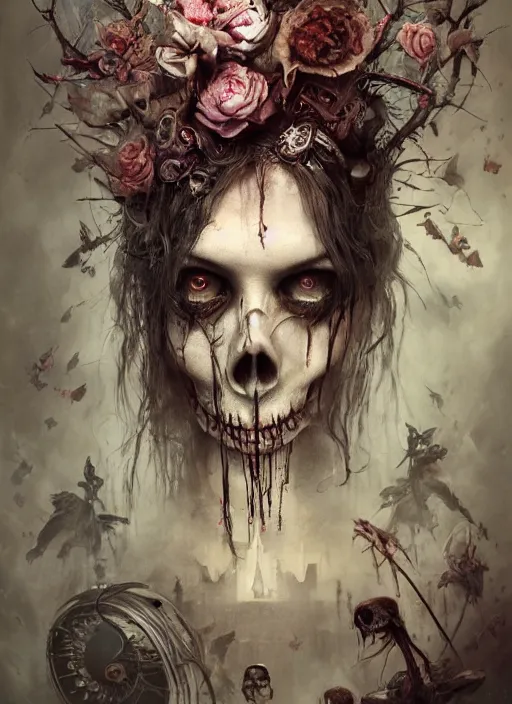 Image similar to Alice attends Mad Tea Party,highly detailed,half skull face,cinematic,8k,by Stanley Artgermm,Tom Bagshaw,Greg Rutkowski,Carne Griffiths, Ayami Kojima, Beksinski, Giger,trending on DeviantArt,hyper detailed,horror, full of colour