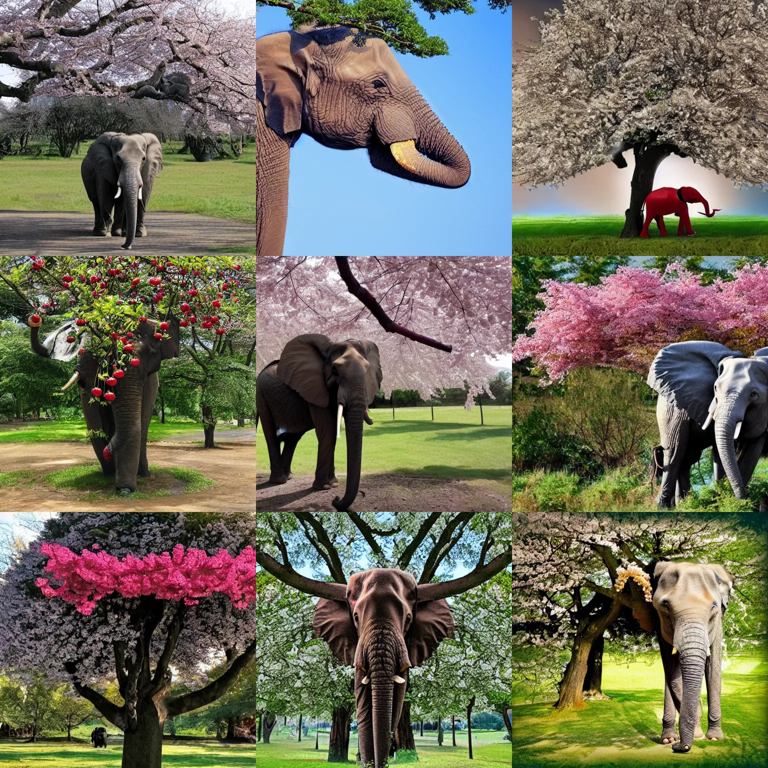Prompt: a cherry tree with an elephant hiding in it