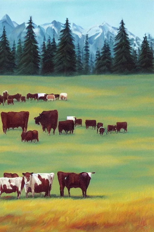 Prompt: bob ross painting of cattle grazing in alberta praries