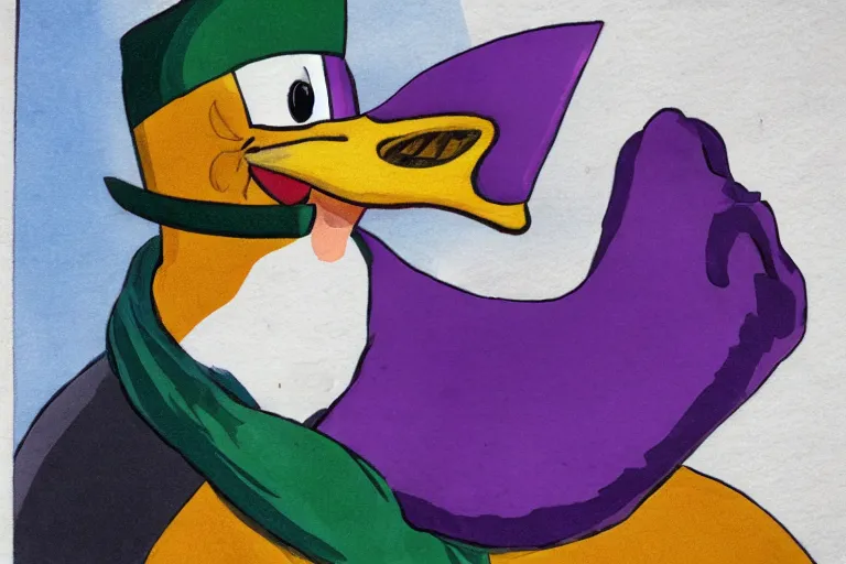 Prompt: duck wearing purple hat and cape and zoro mask by Roger Deakins