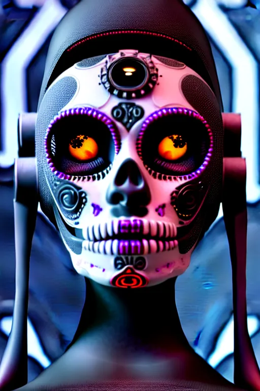 Prompt: ultra detailed, portrait of Female Android, dia de los muertos, scifi, cyberpunk, fantasy, octane render, intricate details, eerie, movie still, artstation, concept art, smooth, sharp focus, no blur, no dof, Unreal Engine 5, Photorealism, HD quality, 8k resolution, cinema 4d, 3D, beautiful, cinematic, art by artgerm and Godmachine and michael welan and DZO and greg rutkowski and alphonse mucha and loish and WLOP