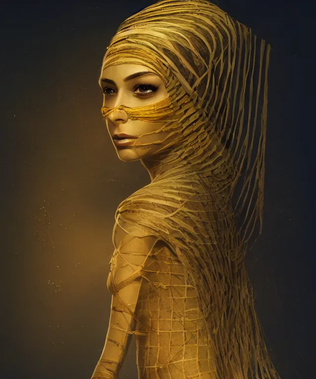 Prompt: egyptian mummy wrapped in bandages by charlie bowater and titian and artgerm and universal studios, full - body portrait, intricate, desert, elegant, yellow mist, beautiful, highly detailed, dramatic lighting, sharp focus, trending on artstation, artstationhd, artstationhq, unreal engine, 4 k, 8 k