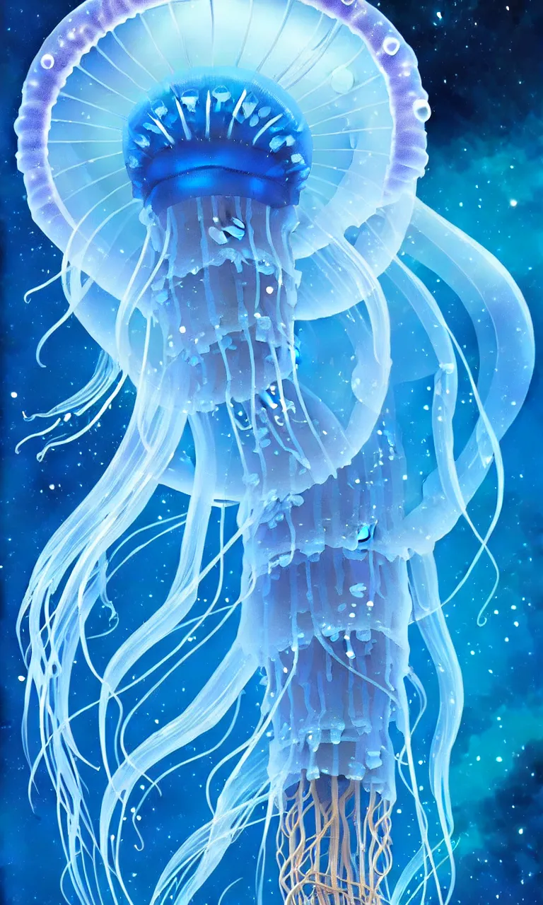 Image similar to detailed jellyfish in space, blue tones, underwater, full frame, highly detailed, digital painting, artstation, concept art, smooth, sharp focus, illustration, art greg rutkowski and alphonse mucha