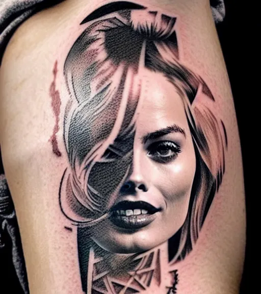 Prompt: mash up tattoo sketch of margot robbie in the shape of beautiful mountains, double exposure effect, in the style of arlo dicristina, hyper realism, amazing detail, sharp