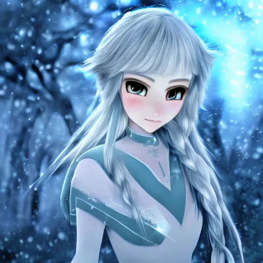 Image similar to portrait focus of knight beautiful 3D anime girl, Frozen ice armor wearing, dark forest background, snowing, bokeh, inspired by Masami Kurumada, digital painting, high contrast, unreal engine render, volumetric lighting, high détail