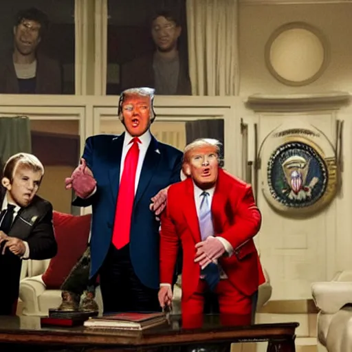 Image similar to a scene from the tv show, the boys, featuring donald trump as homelander.