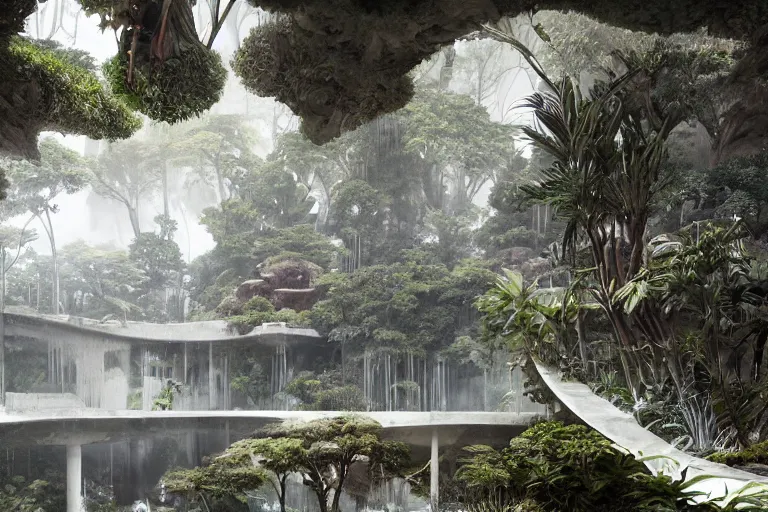 Image similar to brutalist futuristic white Aztec structures, manicured garden of eden, pools and streams, tropical foliage, birds, sculpture gardens, Winter, by Jessica Rossier and Brian Froud