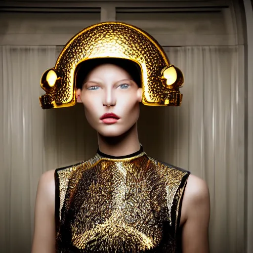 Prompt: close up of a female fashion model in year 3000 in art-deco entrance hall, model wearing a huge surreal Avant-garde helmet in gold, photography , official Versace editorial , highly detailed