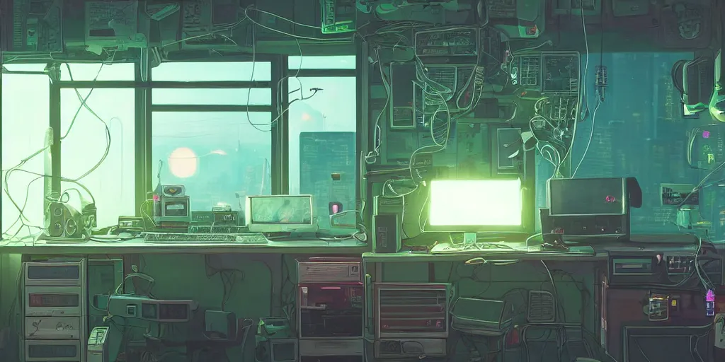 Image similar to cozy 9 0 s bedroom retrofuturism, cluttered, wires everywhere, computer, window, at night, lit only by the luminescent computer screen, cyberpunk city, dramatic lighting, alien technology, detailed by simon stalenhag