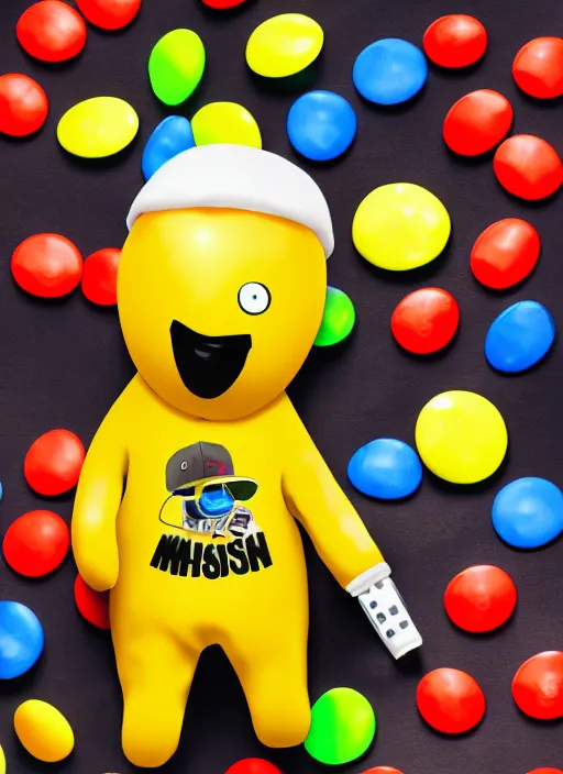 Image similar to yellow mnm candy mascot dressed as rapper eminem holding microphone, digital art, hd