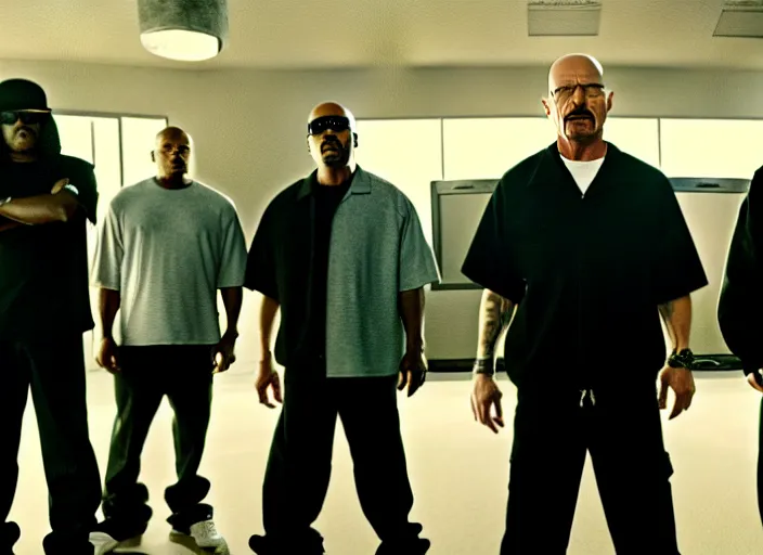 Prompt: film still of walter white as a rapper in straight outta compton movie 2 0 1 5, cinematic, movie frame, rule of thirds, 8 k