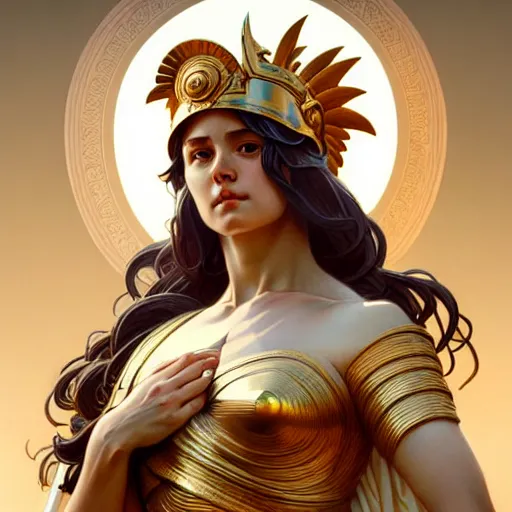 Image similar to ultra realistic illustration, a statue of a glorious goddess athena, intricate, elegant, highly detailed, digital painting, artstation, concept art, smooth, sharp focus, illustration, art by artgerm and greg rutkowski and alphonse mucha