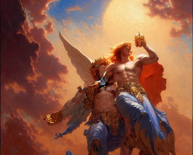 Image similar to attractive heroic male deity, summons handsome heroic lucifer morning star. highly detailed painting by gaston bussiere, craig mullins, j. c. leyendecker 8 k