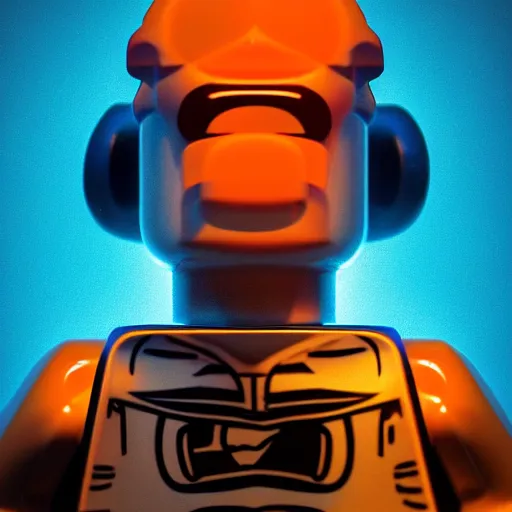 Prompt: head made by Lego is melting, liquified, chrome reflections, black ink, glue dropping, fish skin, lit by one neon light from the top, rim lights orange and blue, octane render, cgsociety, autodesk, behance, kiki picasso style
