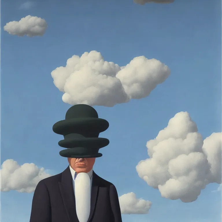 Image similar to cloud - man, by rene magritte, centered, detailed painting, hd, hq, high resolution, high detail, 4 k, 8 k