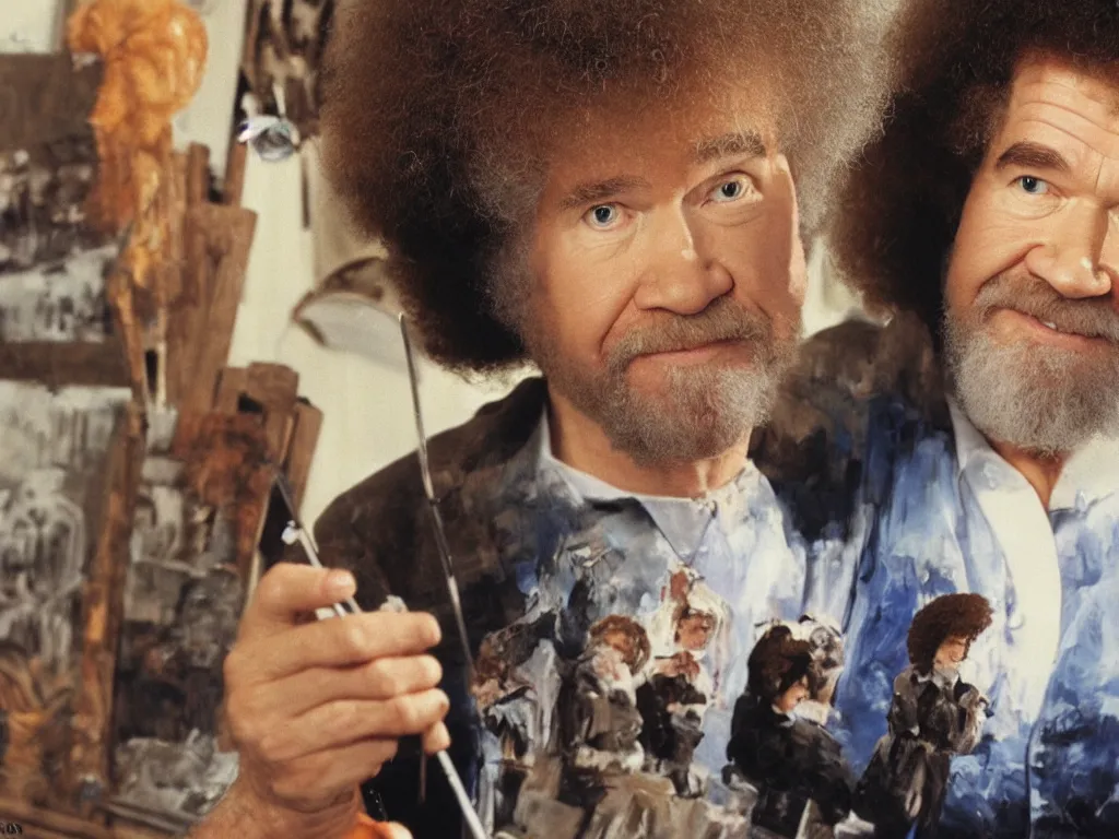 Image similar to Bob Ross painting a portrait of Bob Ross painting a portrait of Bob Ross, infinite recursion