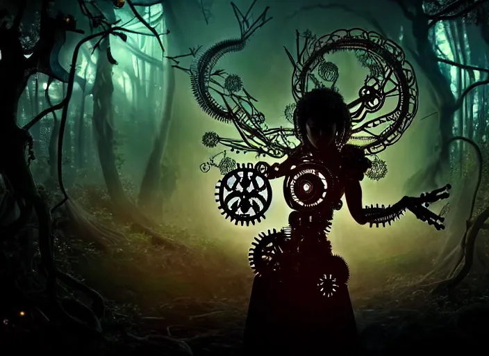 Image similar to silhouette of an intricate mechanical fairy with visible gears having tea with a cyborg winged horned demon medusa in a magical forest. Very detailed 8k. Fantasy cyberpunk horror. Sharp. Cinematic post-processing