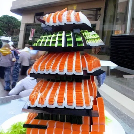 Prompt: a building made out of sushi