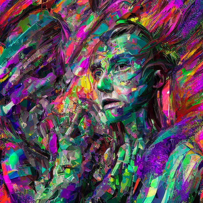 Image similar to hyper-maximalist overdetailed half portrait half collage slightly abstract pesudofigurative digital illustration by archan nair feat hakan hisim inspired by works of android jones. Pschedelic visionary artwork.