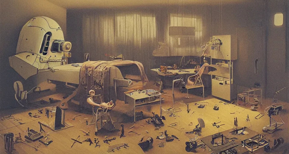 Prompt: IKEA catalogue photo, cyberpunk teenager bedroom, drones and robots, by Beksiński