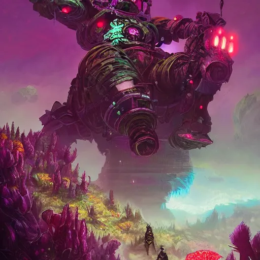 Prompt: corrupted sentinel picking up flower on infested planet colorful, fantasy, intricate, highly detailed, digital painting, hq, trending on artstation, illustration, style of stanley artgerm and greg rutkowski and dan mumford