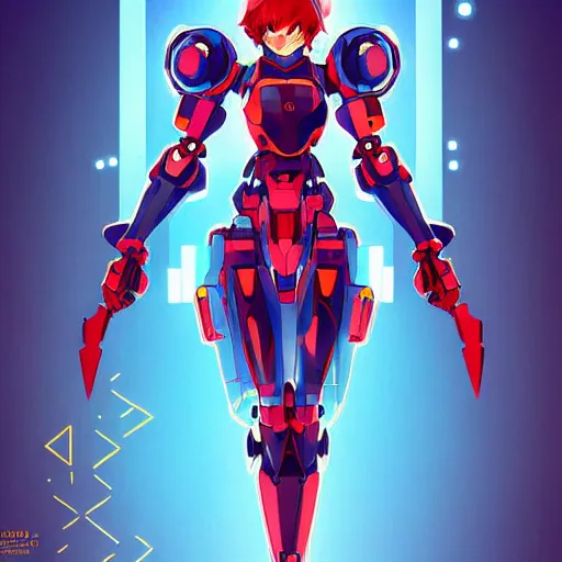 Image similar to digital anime art. full body. cute girl red mech arms and mech legs. blue eyes. gold short hair. wlop, rossdraws, sakimimichan