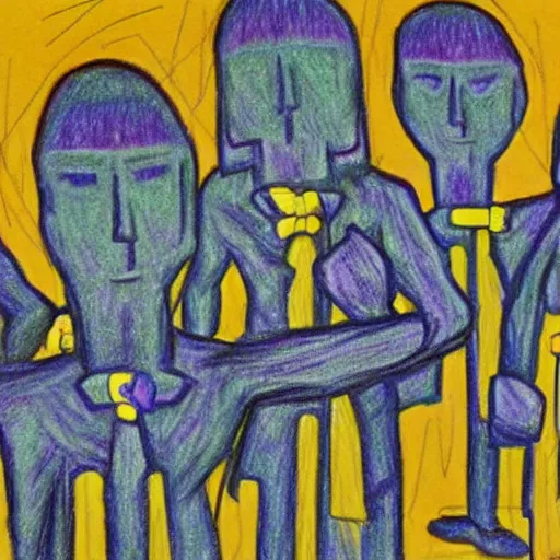 Image similar to mournful ultraviolet by bill ward, by ben shahn. a beautiful drawing of a group of people standing in a line. they are all facing the same direction & appear to be waiting for something.