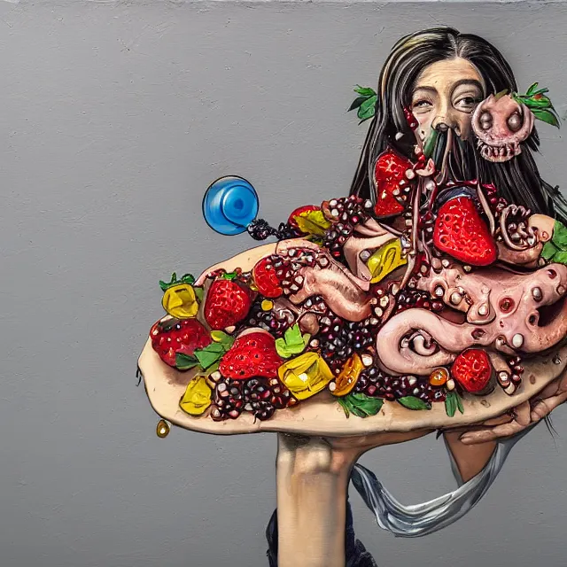 Image similar to a portrait in a dumpster, a woman holding pancakes, honey dripping, berries dripping, strawberries, scientific instruments, ikebana, octopus, neo - expressionism, surrealism, acrylic and spray paint and oilstick on canvas