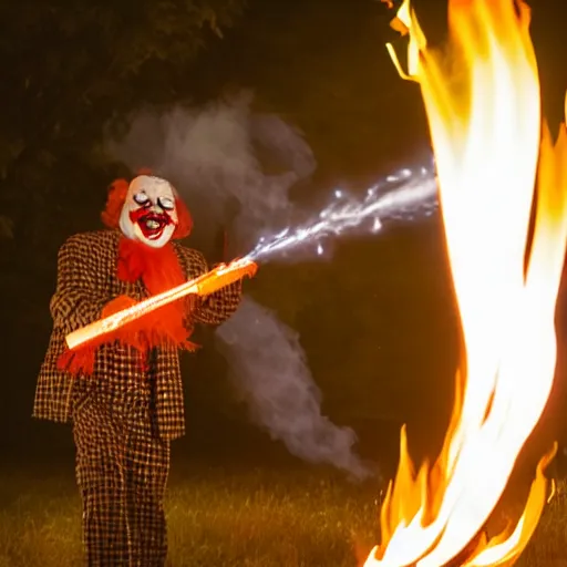 Image similar to photo of a clown using a flamethrower projecting a long flame. award-winning, highly-detailed