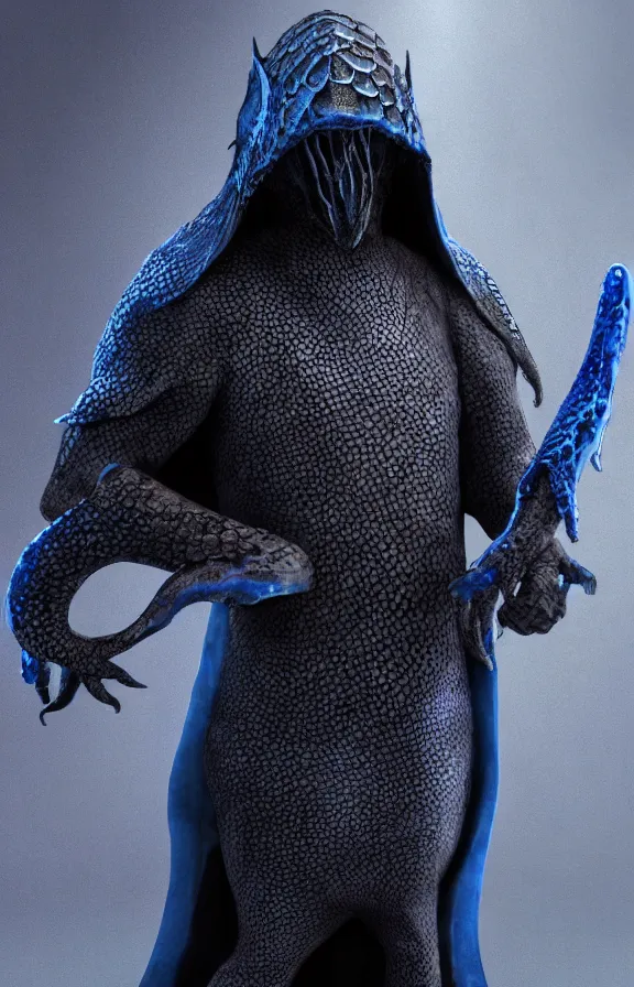 Image similar to detailed hypperrealistic artstation render, full body front view of a scaly black cloaked man, wearing a metallic blue squid mask. he holds in his hand a large knights blue greatsword, in addition tentacles emerge from his back like wings