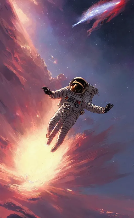 Image similar to a beautiful artwork illustration, astronaut flying around a galactic explosion, by greg rutkowski and jesper ejsing and raymond swanland, featured on artstation, wide angle, vertical orientation