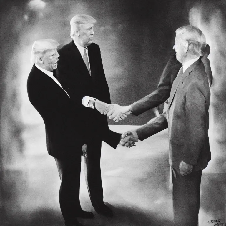 Image similar to A sinister grey space alien shaking hands with the President of the United States, official portrait