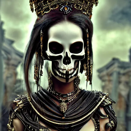Image similar to candid photographic close - up - portrait, goddess of death, by anne stokes, photorealism, uhd - resolution, hyperdetailed
