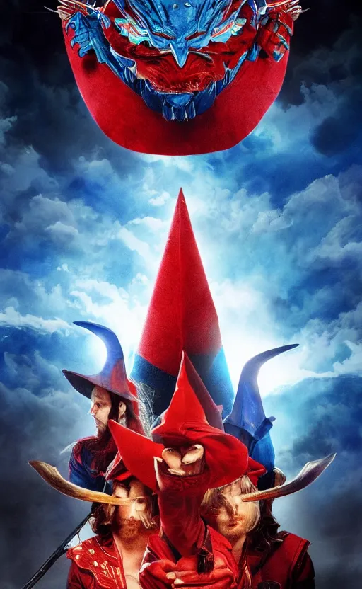 Image similar to a mind - blowing, epic movie poster, depicting a war between red and blue fantasy wizards, wearing wizard hats, magic, cinematic