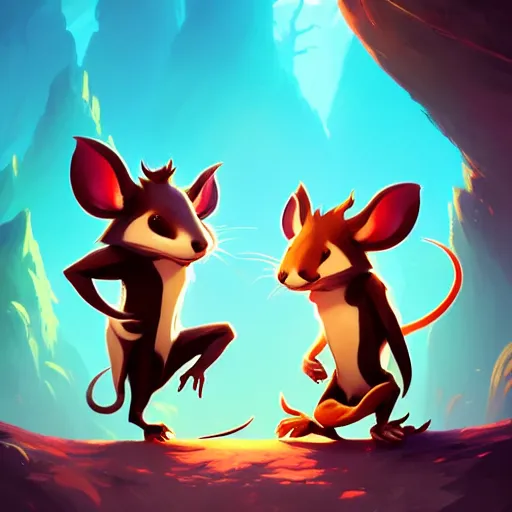 Prompt: two anthropomorphic rat brothers, one brown tan domino one black white markings, pointy ears, fanart ornate fantasy ori and the blind forest cover style official behance hd artstation by jesper ejsing, by rhads, makoto shinkai and lois van baarle, ilya kuvshinov, rossdraws pastel vibrant