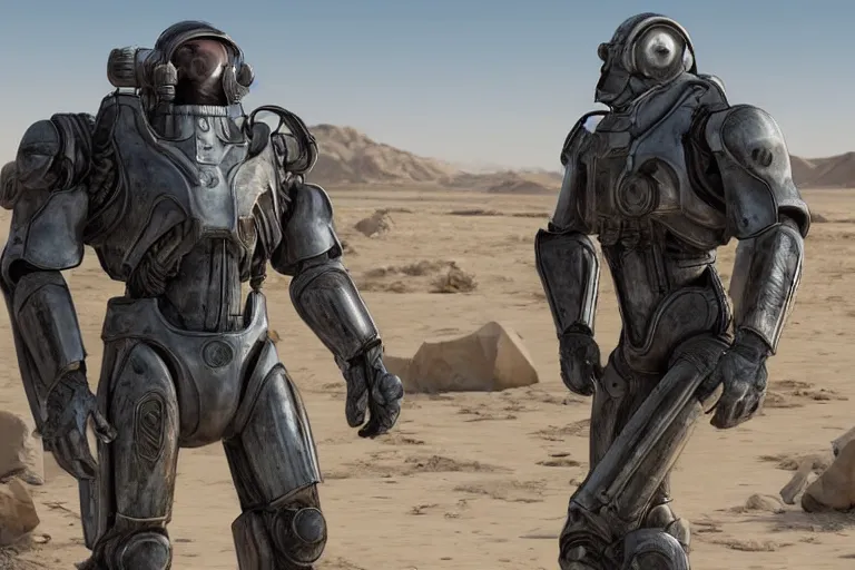 Prompt: a brotherhood of steel fighter in power armor in the desert near a closed hangar, small ripples in the air from the heat, glare from the sun on metal surfaces, realistic proportions, unreal engine style