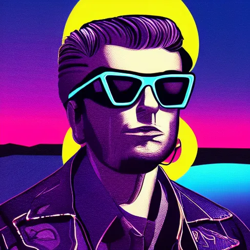 Image similar to 3 / 4 view closeup portrait of johnny silverhand with light blue shutter shades in front of a sunset, a dark purple leather jacket, vector art by jan tengnagel, pixabay contest winner, retrofuturism, retrowave, synthwave, outrun, portrait, synthwave