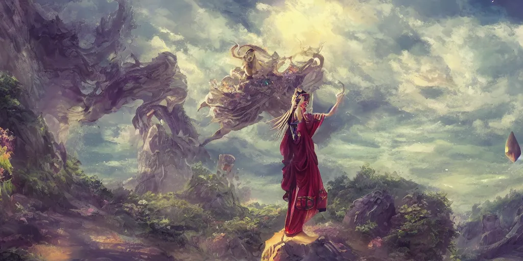 Image similar to painting of wind god enjoying the view from his stone heavenly palace, decorated with windchimes and paper lanterns, nature and clouds in background, digital art, trending on artstation