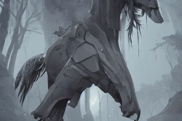 Image similar to cyborg horse merged with shoebill, digital art made by makoto shinkai, lois van baarle, greg rutkowski and jakub rebelka, highly detailed, symmetrical, extremely coherent, smooth, shaped focus, dystopian gray forest background, skull