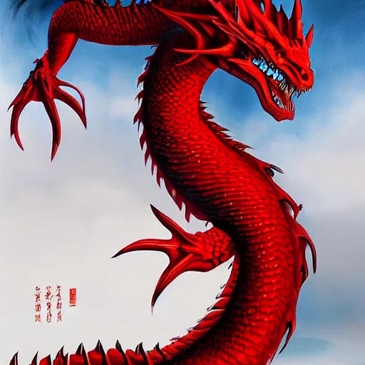 Prompt: grimez painting a realistic red dragon, china, vogue, digital art, hyperrealistic